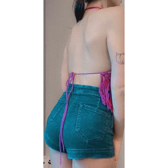 Purple Crochet Knit Tassel Halter Beach Swim Coverup Crop Top Shirt Size M 💜🏝️ - Picture 3 of 3